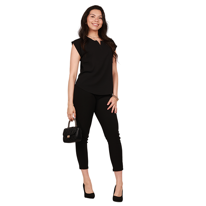Combine the elegant "Papermoon" short-sleeve V-cutout top with the sophisticated "Superline" 28" Ponte Skinny Dress Pants and complete the look with the stylish "Top" 3" faux suede stiletto Pointed-Toe Pumps for a polished and professional ensemble.