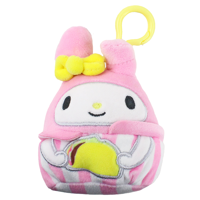 The "UPD" Sanrio My Melody Taco Squishmallow Plush Keychain is a must-have accessory for fans of My Melody and Sanrio collectibles. This adorable plush keychain features My Melody holding a taco, combining the iconic character with a playful twist. Made from soft, quality materials, this bag charm is visually appealing and convenient, adding a fun touch to everyday items.  Perfect for showcasing your love for Sanrio, this keychain is designed to attach easily to your backpack, purse, or keys, making it a great addition to your collection. Whether you're looking to elevate your style or seeking a thoughtful gift for a friend, this My Melody Taco Squishmallow Plush Keychain is an ideal choice. Don't miss out on this trendy accessory—join the bag charm craze today with this delightful Sanrio keychain!