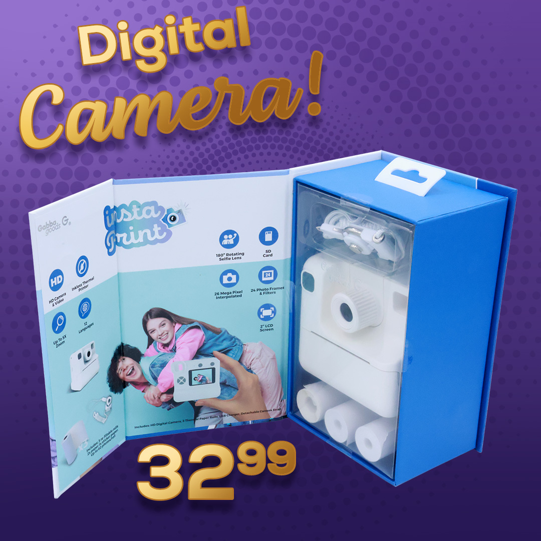 Packing of the digital camera with built-in thermal printer for $32.99 opened up to showcase additional features such as a 180 degree rotating lens for selfies