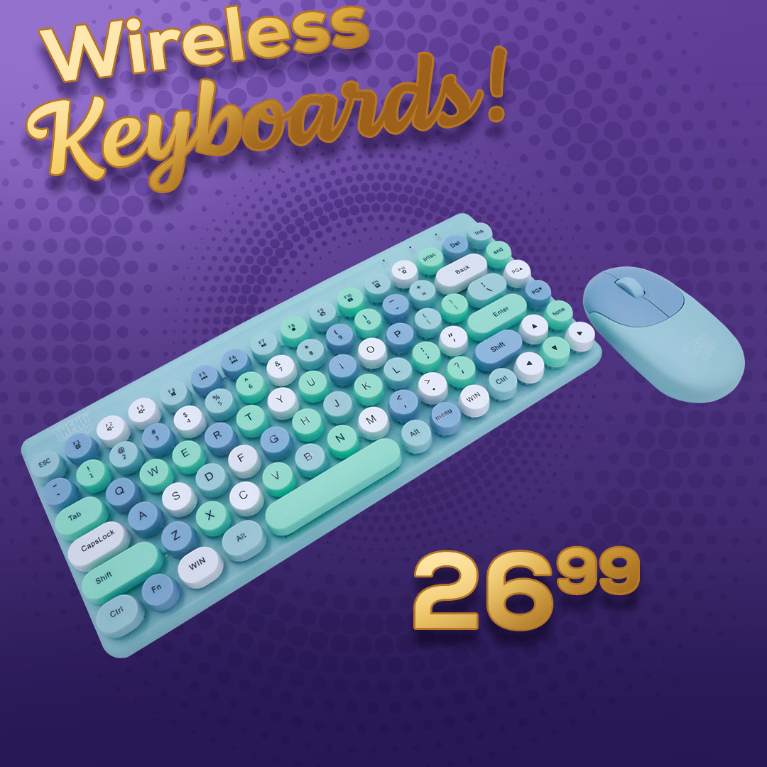 Blue and teal keyboard with round typewriter style keys and matching mouse for $26.99