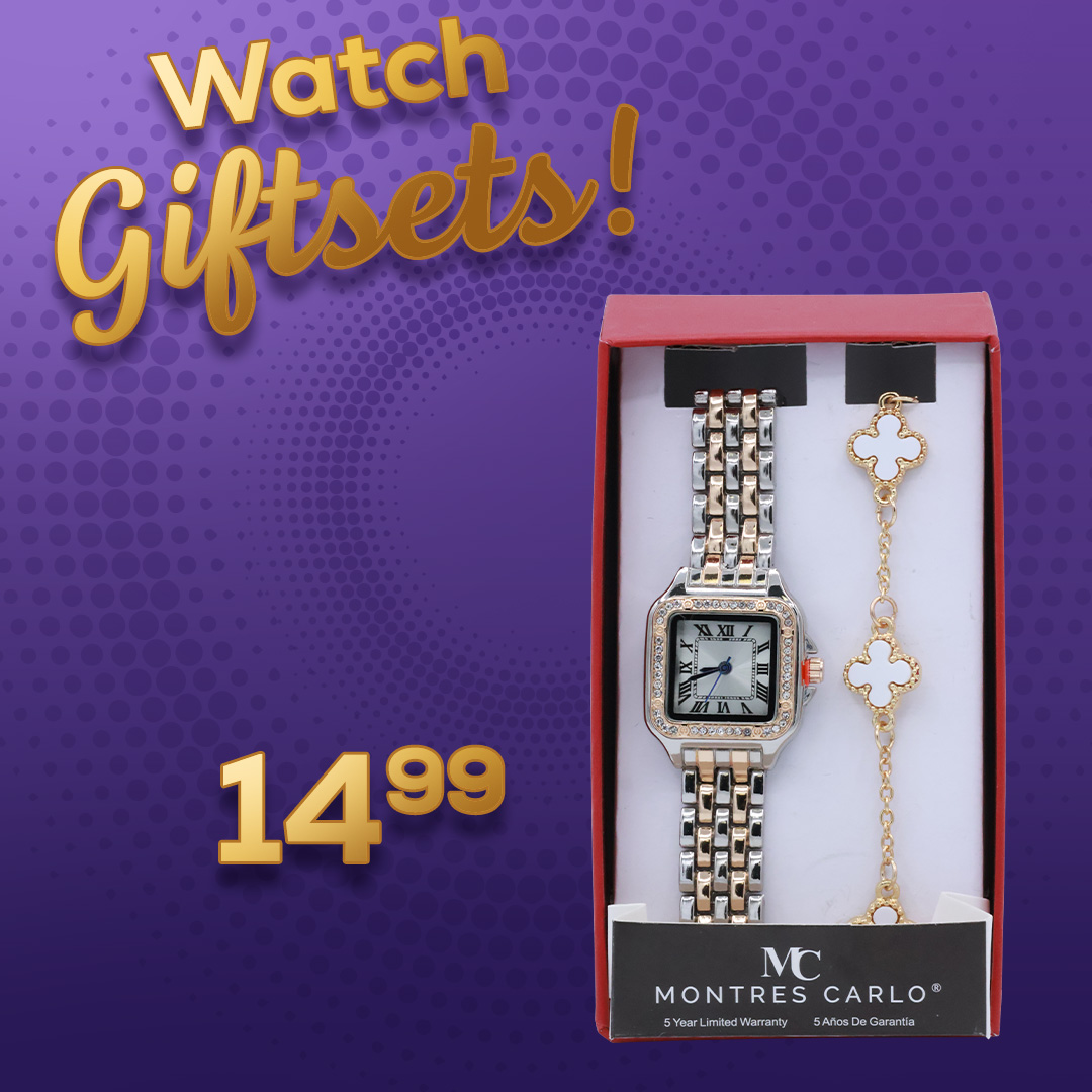 Ladies gold and silver tone rectagular case watch with clover charm bracelet for $14.99