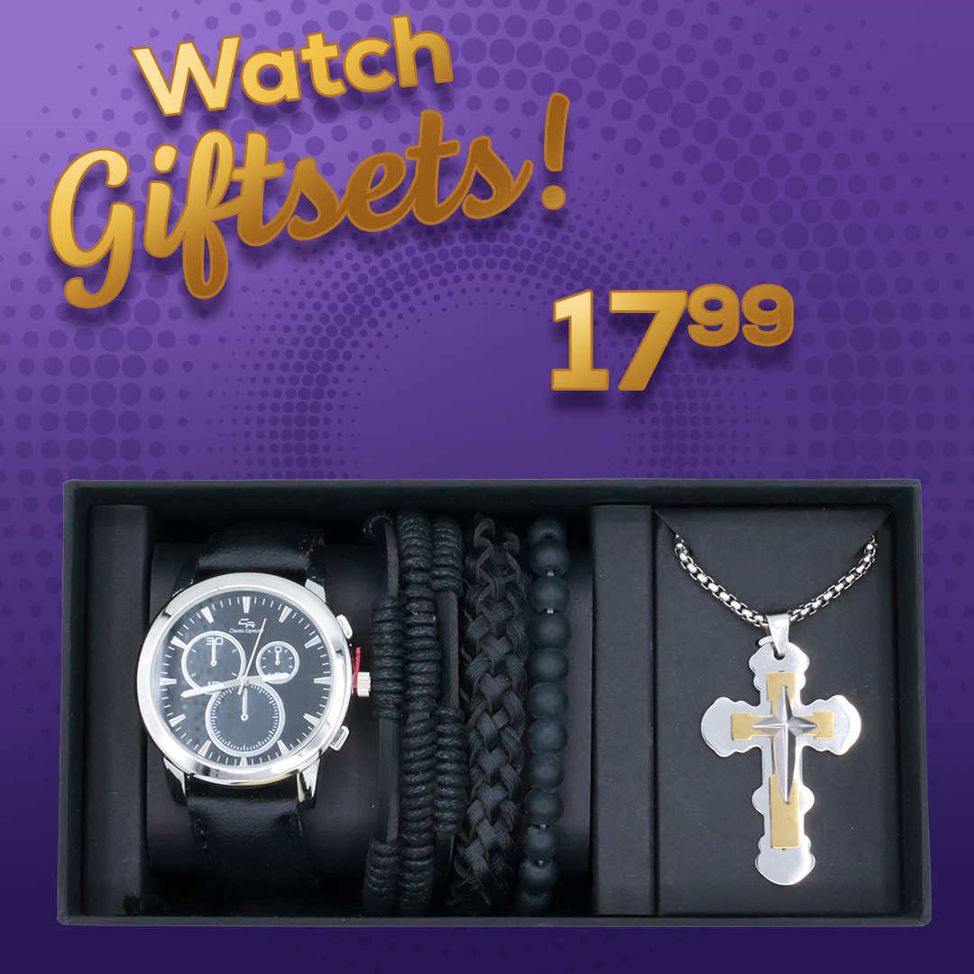 Men's silver tone round case watch with bracelets and cross necklace for $17.99