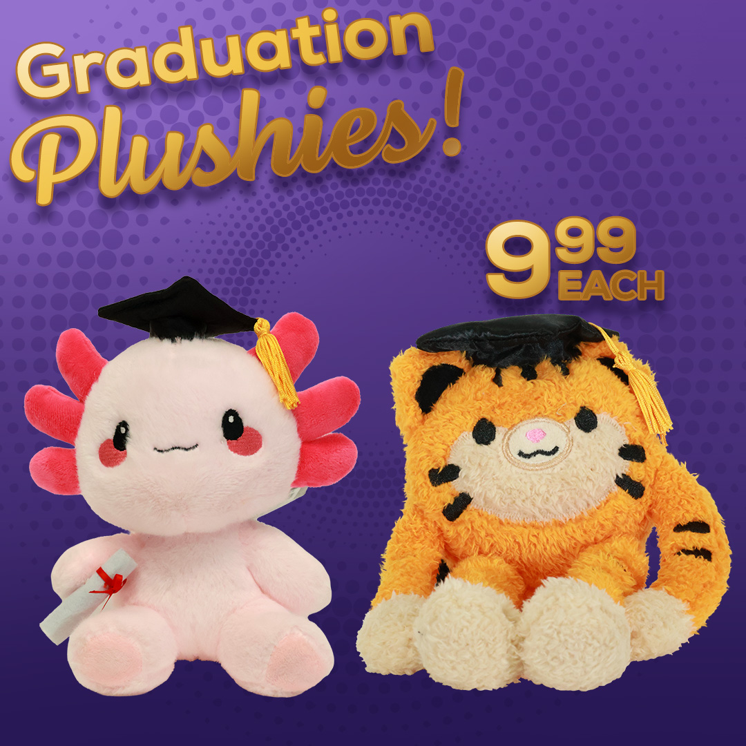 Image of a stuffed Axolotl with a mortaboard and a diploma and a long limbed tiger with a mortaboard for $9.99 each