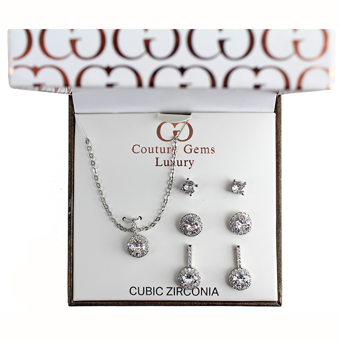 Present this exquisite "Forever" Boxed Silver Rhinestone Circular Necklace and Earrings as a timeless and elegant gift.