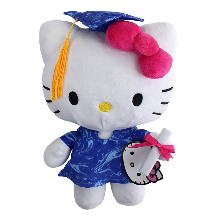 Celebrate your graduate's special day with the charming and delightful Sanrio "Fiesta" Hello Kitty Graduation Plushie. This plushie features Hello Kitty dressed in a graduation gown and cap, holding a diploma in her hand. The cute and cuddly plushie is pe