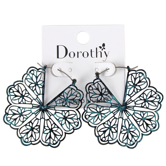 Add a touch of intricate elegance to your outfit with the stunning "OZ" Patina Floral Laser Cut Earrings. These earrings boast a beautifully detailed floral design that has been skillfully laser cut into a unique shade of blue, creating a unique and eye-catching piece of jewelry that is perfect for any occasion. The intricate details of the design make these earrings an actual work of art, and the shimmering blue adds a touch of glamour to any outfit. Whether you're dressing up for a special event or simply looking to elevate your everyday style, the "OZ" Patina Floral Laser Cut Earrings are a must-have accessory.