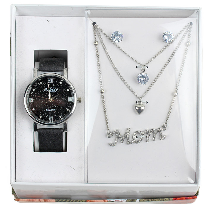 Surprise and delight your beloved mother with a sophisticated and elegant gift - the "Royal Time" Pleather Watch and 'Mom' Jewelry Set. This stunning set features a beautifully designed pleather watch with a sleek and modern design and matching 'Mom' jewelry pieces that will show her how much you care. The set is perfect for any special occasion and will make your mother feel loved and appreciated. So go ahead and make her day with this fantastic gift set.