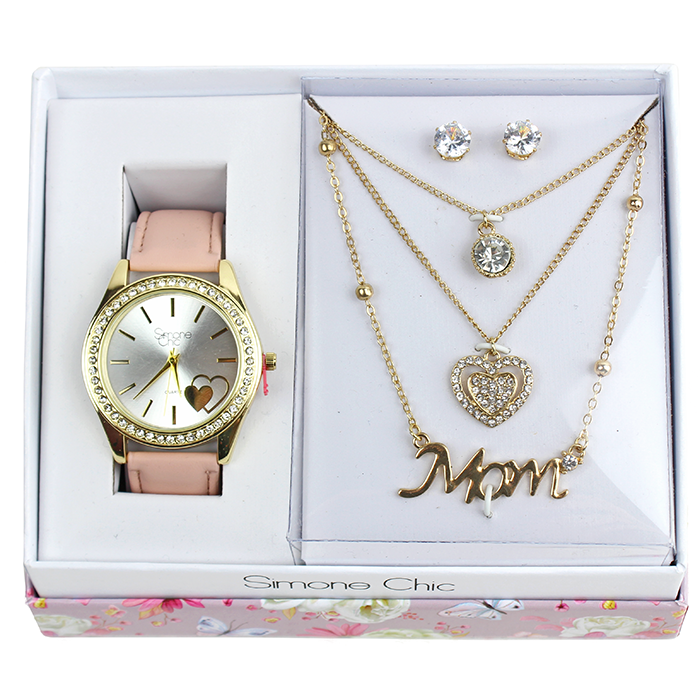 Make your mother feel extra special on any occasion by gifting her the exquisite "Royal Time" Rhinestone Heart Pleather Watch & 'Mom' Jewelry Set. This set is designed to make her feel like royalty, with its intricate detailing, sparkling rhinestones, and quality pleather. The watch is a perfect blend of style and functionality, while the 'Mom' jewelry pieces are a heartfelt token of appreciation that she can cherish forever. Give your mom a gift that she will never forget with this stunning set.