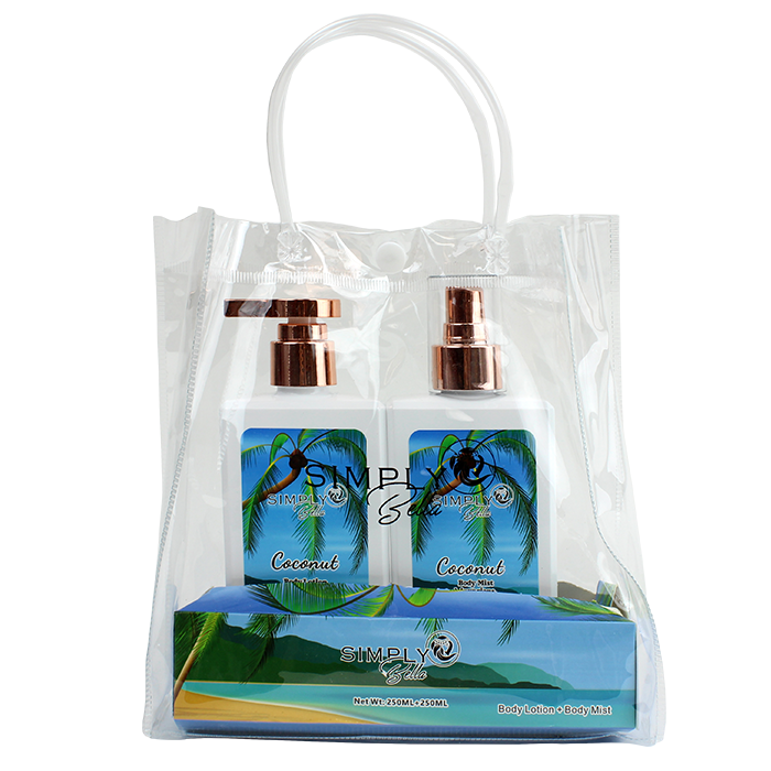 Gear up for your beach getaway with the "Simply" Bella Coconut Body Mist Lotion Gift Set, perfect for summer lovers or as a gift.