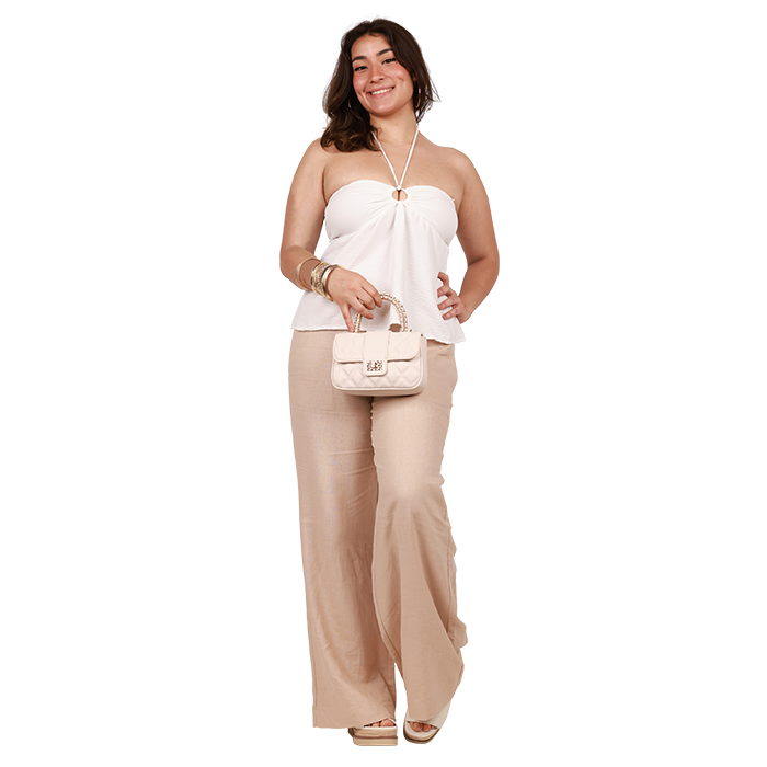 Get set for a stroll on the beach in the stylish "Papermoon" Halter Tube Tank Top, paired with the comfy "Love Tree" Linen Wide Leg Pull-on Pants and the trendy "Soda" 4" Espadrille Wedge Sandals.