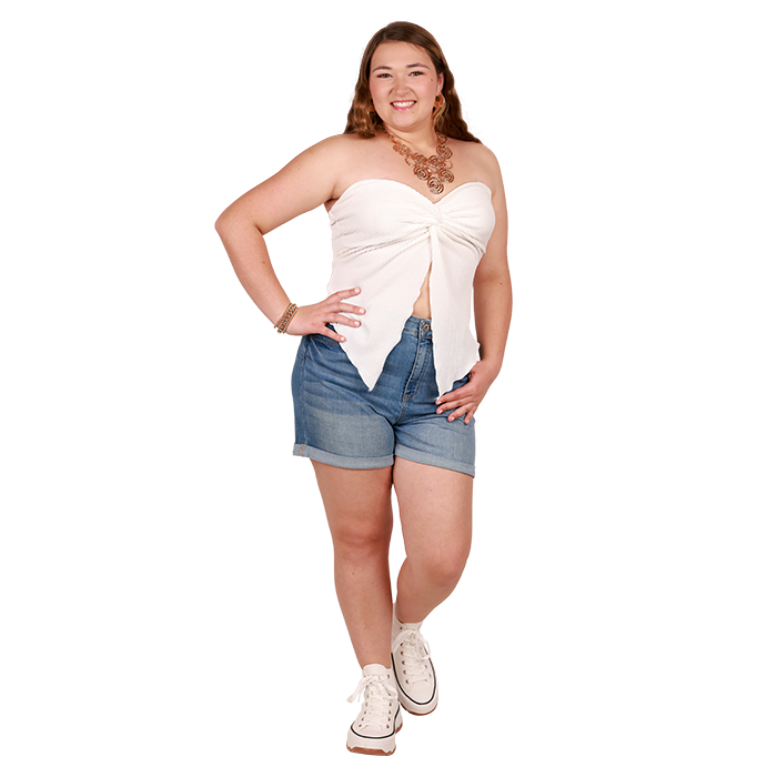 Step out and make the most of the day in style with this charming ensemble, which features the "Zenobia" Textured Butterfly Tube Top, "Wax" 4 1/2" Light Wash Cuffed Mom Shorts, and the "Top" High Top Platform Canvas Sneakers.