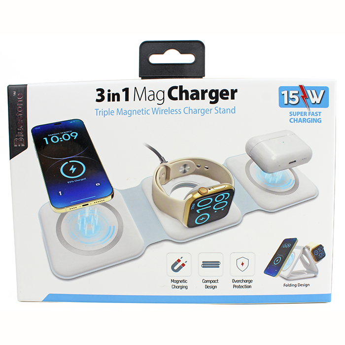 The "SM Tek" 3-in-1 Mag Wireless Charger Stand is a versatile charging solution that allows you to charge multiple essential electronics simultaneously. This stand can wirelessly charge your phone, smartwatch, and earbuds simultaneously, providing a convenient and clutter-free charging experience.