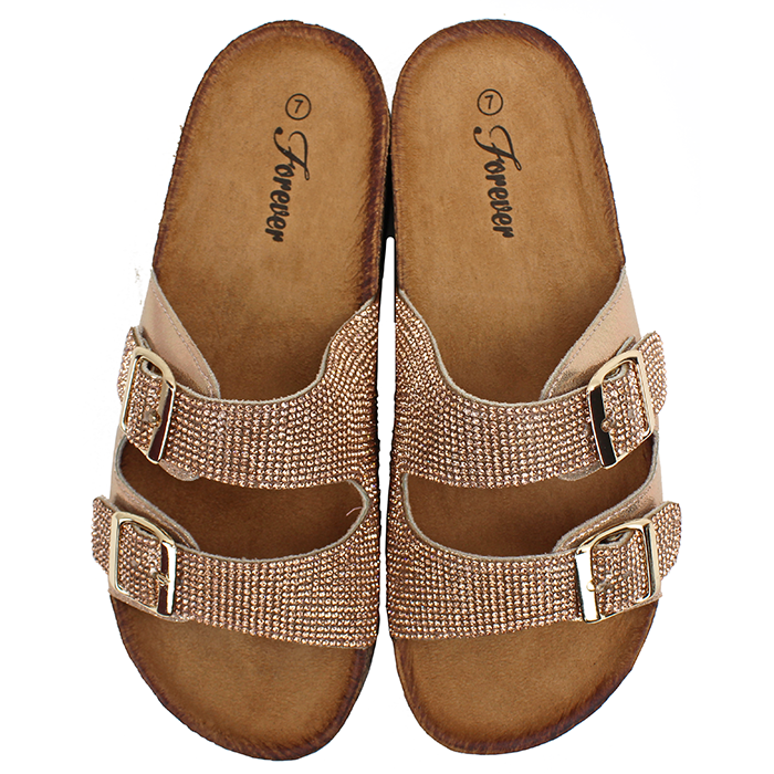 Add a touch of glamour to your casual summer ensemble with the sparkly "Forever" Cork Sole Rhinestone Double Buckle Flat Sandals. These sandals feature a shiny finish, rhinestone embellishments, and double buckle closure, making them the perfect choice for adding a stylish and comfortable touch to your summer look.