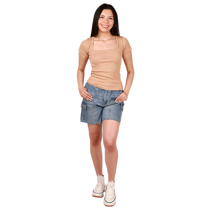 Elevate your casual style effortlessly with the chic "Moral" Short-Sleeve Seamless Ribbed Knit Square-Neck Top paired with the trendy "Almost Famous" 5 1/2" Elastic-Waist Frayed-Hem Denim Bermuda Shorts. Complete the look with the edgy "Top" High-Top Platform Canvas Sneakers.