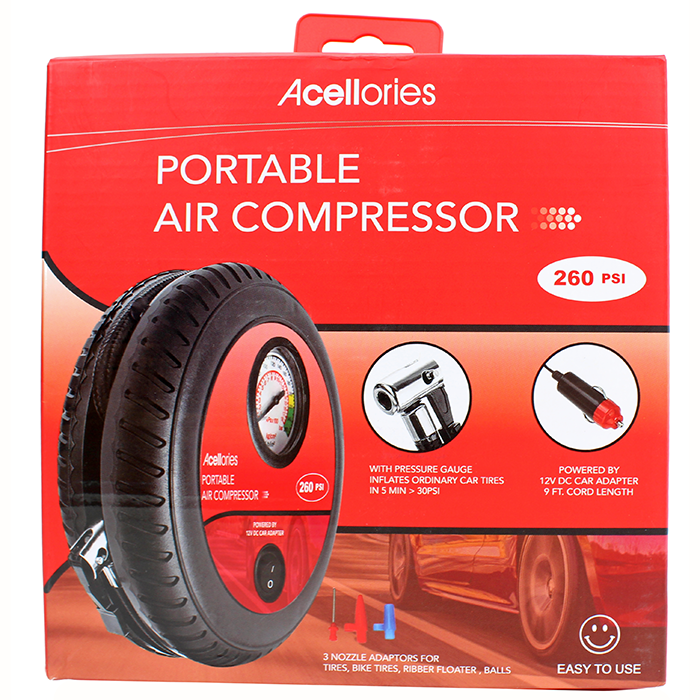 Ensure you're always prepared for low tire pressure by keeping the "Acellories" Portable Air Compressor 260 PSI in your vehicle's trunk. This compact and convenient air compressor will help you quickly and easily inflate your tires to stay safe on the road.