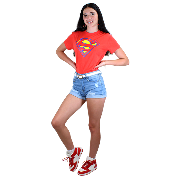 Unleash your inner superhero with our vibrant "Superman" 'S' Short Sleeve Tee, the perfect casual wear for fans of the iconic character. This eye-catching coral t-shirt features the classic Superman logo prominently on both the front and back, making it a must-have addition to any superhero enthusiast's wardrobe. Made from soft, breathable fabric, it ensures all-day comfort and style. Pair this stylish Superman tee with our "Wax" 2 1/2 Light Wash Distressed Denim Jean Shorts. These trendy shorts feature a lightweight denim construction with a chic distressed finish, offering a relaxed fit that's perfect for summer outings or casual gatherings. Their versatile design makes them easy to pair with any top, offering endless outfit possibilities. To complete your look, slip into our "Forever" Pleather Multi-Colored High Top Athletic Shoes. These fun and colorful sneakers feature a unique design that stands out, while providing excellent ankle support and comfort for all-day wear. Perfect for running errands, casual outings, or simply showcasing your superhero style, these high-tops are both fashionable and functional. With this Superman-inspired outfit, you’ll not only express your love for the superhero genre but also look effortlessly stylish and confident. 