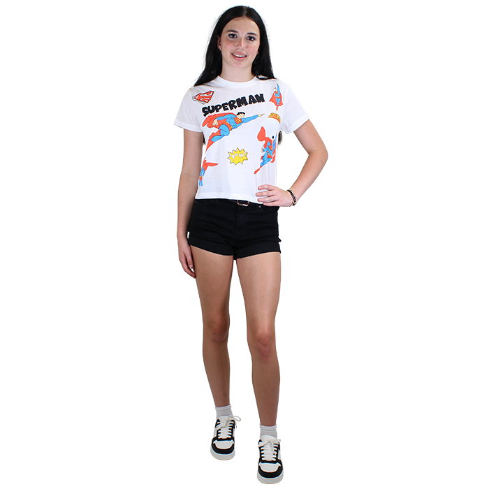 Attention, all comic and art aficionados! You’re in for a delightful treat with this stylish and whimsical ensemble that celebrates creativity and fun. First up is the standout piece: the "Superman" Short Sleeve Oversized Graphic Tee. Crafted from soft, breathable cotton, this tee features a striking graphic design that pays homage to the legendary superhero, making it a perfect choice for both casual outings and comic conventions alike. Its oversized cut not only provides a relaxed and comfortable fit but also allows for easy layering. Complementing the tee are the chic black "Wax" 3" Cuffed Repreve Denim Jean Shorts. These shorts are not only stylish with their sleek finish but are also environmentally conscious, made from Repreve recycled fibers. The 3-inch inseam strikes a perfect balance between trendy and functional. At the same time, the cuffed hem adds a touch of sophistication to casual wear, making it ideal for summer adventures or laid-back gatherings. To finish off this playful look, slip into the "Forever" Pleather Multi-Color Lace-up Sneakers. These unique shoes boast a vibrant mix of colors, designed to stand out while providing all-day comfort. The sturdy pleather material is not only stylish but also durable, ensuring these sneakers can keep up with your busy lifestyle. With this outfit, you’ll be ready to express your love for art and comics in a fun, fashionable way!