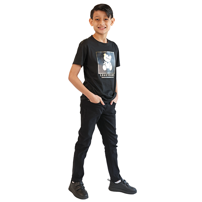 Your little boy looks incredibly stylish in his outfit, featuring the eye-catching "CR-24" Short Sleeve Black Legendary Teddy Bear Tee. This trendy tee showcases a vibrant teddy bear graphic, adding a playful and whimsical touch that captures the joy of childhood. Made from soft, breathable fabric, this shirt ensures maximum comfort throughout the day, making it perfect for active boys. Paired with the "True Indigo" Black Denim Jeans, this outfit creates a fashionable and versatile look. These jeans not only boast a classic fit but also offer exceptional durability, allowing your little one to play freely without compromising style. The timeless black denim color makes them a wardrobe staple that can easily be dressed up or down for various occasions, from playdates to family outings. Completing the ensemble are the "Air" 2" Velcro Athletic Shoes, designed for both practicality and style. Featuring a secure Velcro strap, these shoes are easy for kids to put on and take off, perfect for busy little feet. With a cushioned insole and lightweight construction, they provide the support needed for all-day adventures, whether running around the park or exploring the playground. This charming outfit, combining the "CR-24" Short Sleeve Black Teddy Bear Tee, "True Indigo" Black Denim Jeans, and "Air" 2" Velcro Athletic Shoes, is ideal for any active young boy. Not only does it prioritize comfort, but it also emphasizes style, making it the perfect choice for parents looking for fashionable children's clothing.