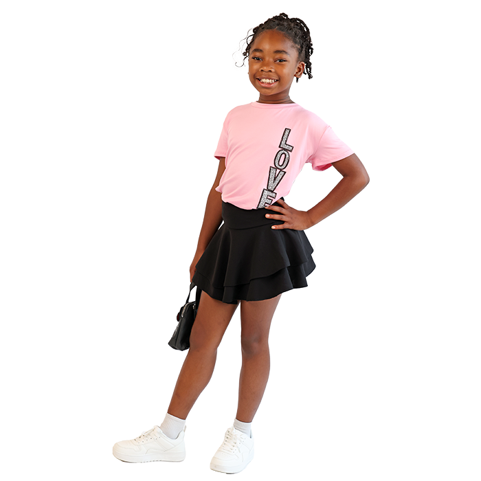 Your little girl will radiate confidence and charm as she steps out in her delightful outfit. She'll wear the “Davida” Short Sleeve Blush Love Vertical Side Patch Tee, crafted from soft, breathable fabric that keeps her comfortable all day long. The tee features a lovely blush color adorned with a whimsical side patch that adds a touch of personality and fun. Beneath, she'll twirl in the “Chocolate” Wave Skirt, designed with a playful wave pattern that brings a sense of movement and excitement to her look. The rich, chocolate hue is versatile, making it easy to pair with various tops while ensuring she stands out with style. To complete her outfit, she’ll don the “Forever” Solid Color Pleather Athletic Shoes, thoughtfully designed for both fashion and function. These shoes not only provide excellent support for her active pursuits but also feature a sleek, minimalist design that complements her outfit perfectly. Altogether, this ensemble is an ideal blend of comfort, style, and playfulness, making it perfect for any adventure she embarks on!