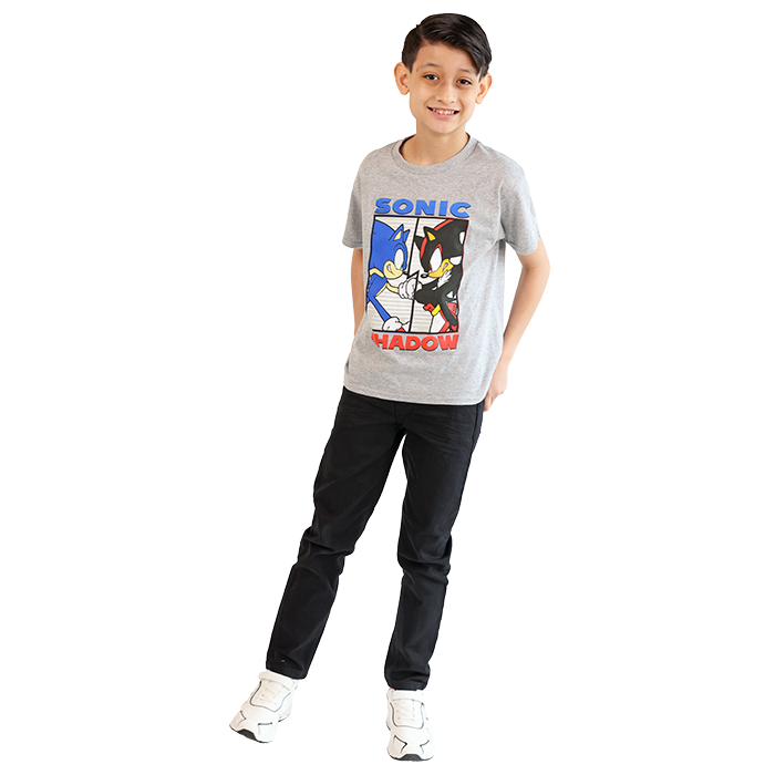 Your little boy is the epitome of trendy fashion, showcasing his love for style with the vibrant "Sonic" Short Sleeve Sonic + Shadow Graphic Tee. This eye-catching shirt features a dynamic graphic of Sonic and Shadow, making it a perfect choice for young fans of the beloved video game franchise. Paired with "True Indigo" Black Denim Jeans, which are both stylish and durable, this outfit ensures he stays comfortable during playtime and everyday adventures. To complete his stylish look, he wears "Air" Pleather Lace-Tie and Velcro Athletic Shoes, designed for maximum support, traction, and easy wear. This trendy outfit not only highlights his personality but also provides the perfect blend of comfort and style, making it an ideal choice for any occasion. Perfect for parents looking to dress their boys in fashionable, functional clothing that celebrates their interests!