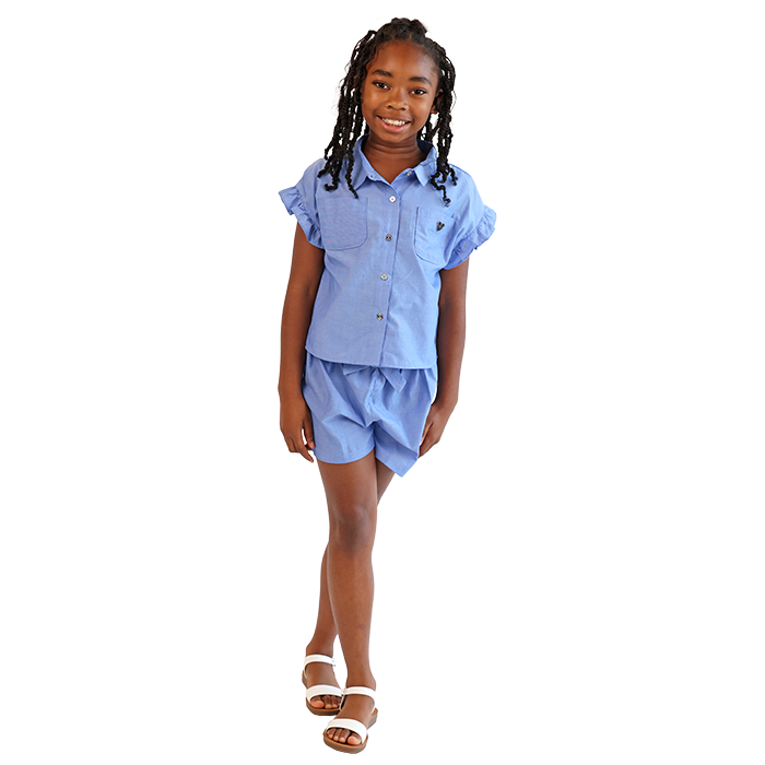 Enhance your little girl’s wardrobe with the stylish "PH" 2-Piece Button-Down Top and Shorts Set, the perfect choice for fashionable summer outfits. This adorable set features a charming button-down top with delightful ruffled sleeves, adding a fun and trendy element to her everyday look. Made from soft, breathable fabric, it ensures all-day comfort, making it ideal for warm weather and outdoor play. The set includes fashionable paperbag shorts, designed with a high, cinched waist that flatters her figure while allowing for easy movement. Crafted from lightweight materials, these shorts are perfect for playdates, family outings, or casual gatherings, ensuring your little fashionista stays comfortable and chic. Versatile and easy to style, this 2-piece outfit can be dressed up with cute accessories or kept casual with sandals, making it a must-have addition to any little girl’s wardrobe. With the "PH" 2-Piece Button-Down Top and Shorts Set, your child will be ready for every adventure in style! Perfect for summer days, back-to-school season, or special occasions, this set is a fantastic choice for parents looking for trendy and comfortable children's clothing.