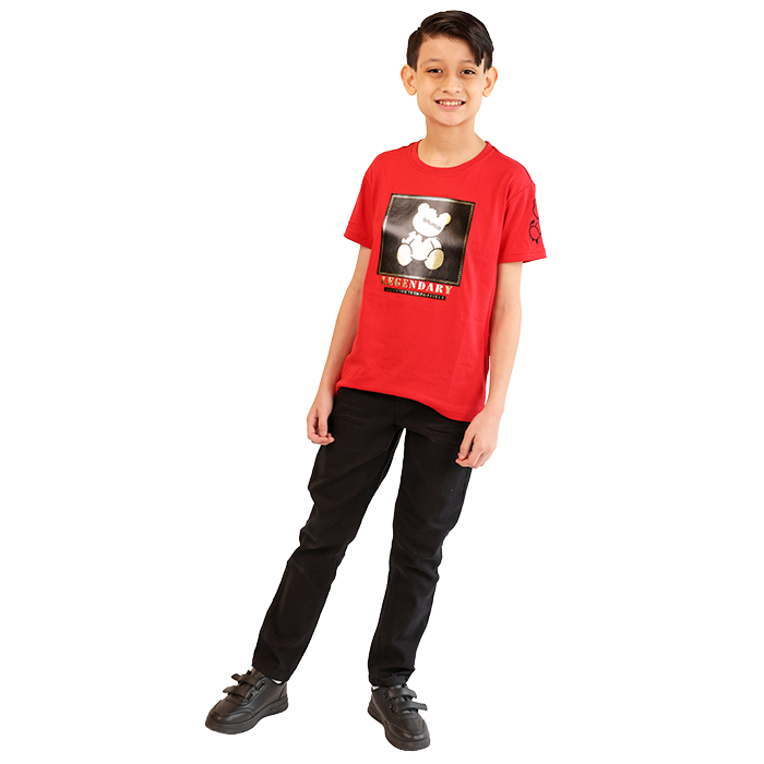 Your little boy is the epitome of style and charm in the trendy "CR-24" Short Sleeve Red Legendary Teddy Bear Tee. This vibrant red t-shirt features a fun teddy bear graphic that’s perfect for kids who love playful outfits, making it an ideal choice for casual outings or family gatherings. To complement the tee, he’s wearing "True Indigo" Black Denim Jeans. These jeans provide a classic and versatile look, with a deep black hue that adds a touch of sophistication while remaining comfortable for everyday wear.  For footwear, he boasts the stylish "Air" 2" Velcro Athletic Shoes, designed for both comfort and functionality. The sleek design, combined with secure Velcro straps, makes these shoes perfect for active young boys who love to run, jump, and explore. This fashionable outfit not only showcases his trendy style but also ensures he stays comfortable and supported during all his adventures. 