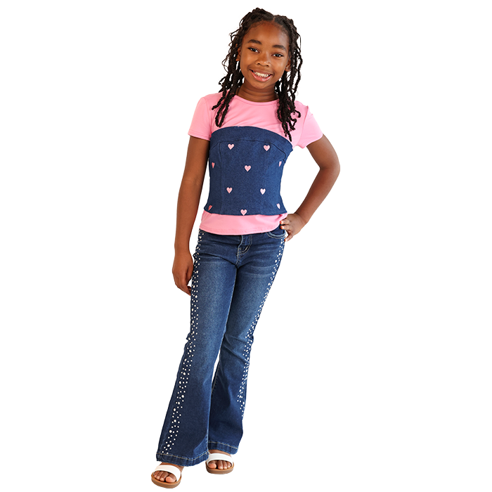 Transform your little girl's wardrobe with the adorable "Jolie" Short Sleeve Denim Tube Top, perfectly paired with the stylish "1st Kiss" Flare Pearl Embellished Denim Jeans and the comfortable "Lucky" Comfort Basic Ankle Strap Sandals. This charming outfit not only delivers on style but ensures all-day comfort for your young fashionista. Discover the perfect look for summer outings, birthday parties, or family gatherings, making your little girl the center of attention with her trendy ensemble. Shop now for an unforgettable fashion statement!