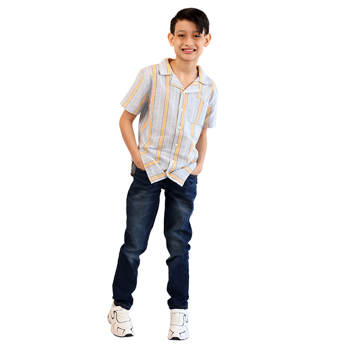 Your son looks incredibly stylish in his "Hawk" Striped Button-Down Top, an eye-catching piece that features a vibrant assortment of bold stripes, perfect for adding personality to any kid's wardrobe. This lightweight, breathable shirt is not only fashionable but also comfortable, making it great for school, playdates, or family outings. Paired with his "True Indigo" Dark Wash Denim Jeans, this outfit strikes the perfect balance between casual and sophisticated. The dark wash jeans are made from high-quality denim, offering durability for active boys while providing a classic look that can easily transition from day to night. Completing his ensemble are the "Air" Pleather Lace-Tie and Velcro Athletic Shoes. These trendy shoes combine modern aesthetics with comfort and practicality, featuring a secure fit and cushioning for support, ideal for running, jumping, and all kinds of play. This stylish and versatile outfit is perfect for young boys who want to express their individuality while staying comfortable. With the right combination of trendy clothing and practical footwear, your little boy will be ready for any adventure that comes his way!