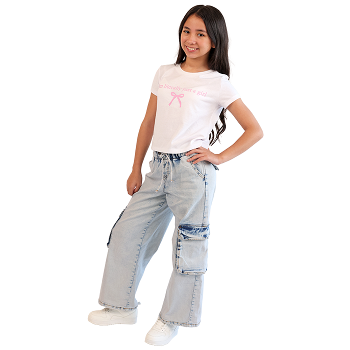 Upgrade your casual style with this effortlessly cute outfit featuring the "V & R" Short Sleeve White Bow Graphic Tee, ideal for girls seeking a trendy and playful look. This tee showcases a charming graphic of a bow, adding a feminine flair that is perfect for casual outings, brunch with friends, or everyday wear. Made from soft, breathable fabric, it's designed for all-day comfort while maintaining your style. Complement the tee with the "Vigoss" Elastic Waist Acid Wash Cargo Pocket Denim Jeans. These fashionable jeans are not only designed with a modern acid wash finish that makes a bold statement, but they also include handy cargo pockets for added functionality. The elastic waist provides a comfortable and flexible fit, making it suitable for all body types and ideal for everyday wear. Pairing these jeans with the graphic tee creates a laid-back yet stylish ensemble. Complete your look with the "Forever" Solid Color Pleather Athletic Shoes. These versatile shoes feature a sleek, minimalistic design that pairs well with any outfit. Made from high-quality pleather, they are both durable and easy to maintain, providing ultimate comfort for all your day-to-day adventures.