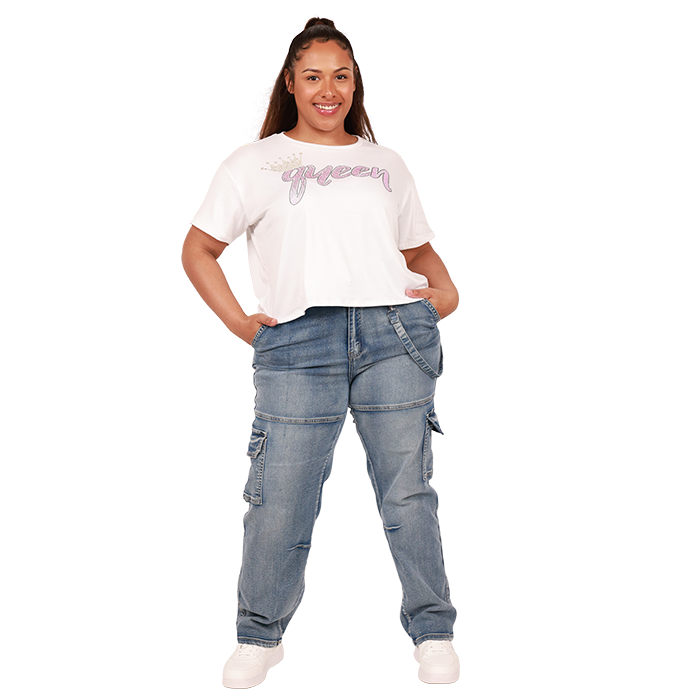 We appreciate our bold and stylish divas. We encourage you to express your unique glam and attitude with this effortlessly chic streetwear ensemble. This look features the striking "Davida" 21" Short Sleeve 'Queen' Rhinestone Graphic Crop Top, the trendy "Elite" 31" Grommet Belted Light Wash Wide Leg Denim Jeans, and the edgy "Forever" Pleather Solid Lace-Up Sneakers.