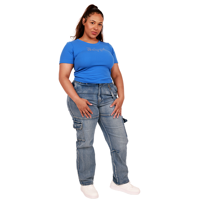 For a chic and understated glam street look, pair the dazzling "Cotton Candy" 'Babygirl' Rhinestone Embellished Crop Top with the "Elite" 30" Potassium Wide Leg Denim Cargo Pants. Complete the outfit with the trendy "Forever" Pleather Solid Lace-Up Sneakers for a stylish and comfortable ensemble.