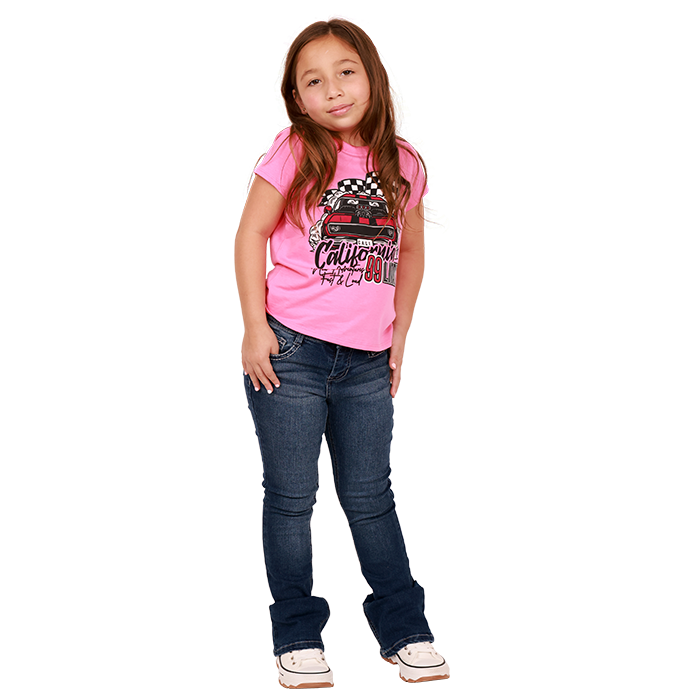 Get your little girl ready for school with a stylish and playful outfit. Dress her in the "V&R" Short-Sleeve California Car Graphic Tee, "Squeeze" Dark Wash Sequin-Embellished Denim Flare Jeans, and complete the look with the "Lucky" High-Top Platform Canvas Sneakers.