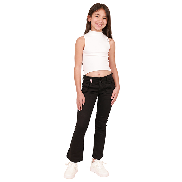 For a stylish and minimalist look perfect for young girls, we are excited to showcase the "Cotton Candy" Ribbed Knit Sleeveless Mock-Neck Tank Top paired with the "Hailey" 2-button Black Denim Low-Rise Flare Jeans and complemented by the "Forever" Solid-Color Pleather athletic shoes.