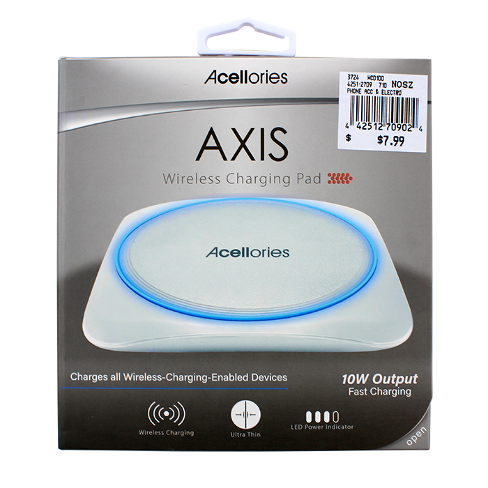 The "Acellories" Axis Wireless Fast Charging Pad allows you to conveniently charge your phone or other compatible devices without tangled cords. Its sleek, ultra-thin design and LED power indicator make it an ideal charging solution that takes up minimal space while providing fast and efficient charging.