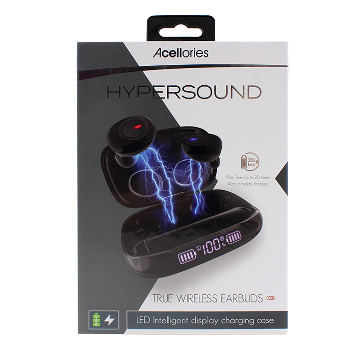 The "Acellories" Hypersound True Wireless Earbuds feature a sleek and ergonomic design, providing a comfortable and secure fit for extended wear. The earbuds have convenient answer keys for efficiently managing incoming phone calls. Additionally, the charging case is designed with an LED intelligent display, allowing you to effortlessly monitor the battery life of both the case and the earbuds to prevent unexpected battery drain.