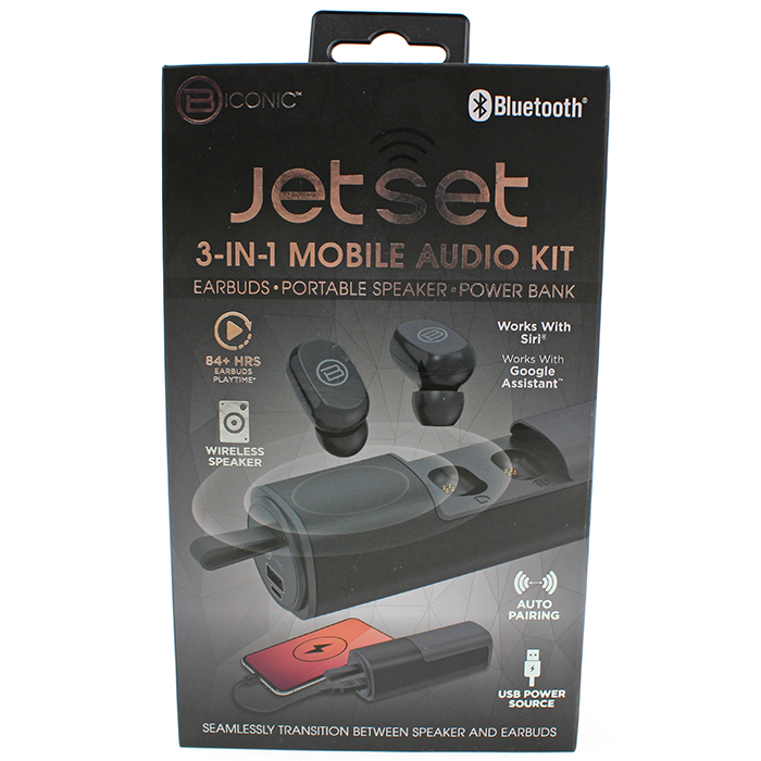 Introducing the revolutionary "ByTech" Jetset 3-in-1 Bluetooth Mobile Audio Kit, a multifunctional device that combines the features of wireless earbuds, a portable speaker, and a power bank in a stylish and portable package. This versatile gadget boasts intuitive touch controls, premium sound quality, and a built-in microphone for crystal-clear hands-free calls. Its ergonomic design ensures comfort even during prolonged use. The kit comes pre-charged and provides over 84 hours of earbud playtime. With USB type-C cables, it only takes 2.5 hours to recharge fully. Additionally, it seamlessly integrates with Siri and Google Assistant for convenient voice command functionality.