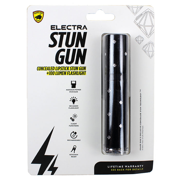 Introducing the "Skyline" Rhinestone Studded Lipstick Stun Gun, a stylish and discreet personal protection device that combines stunning design with cutting-edge technology. This powerful stun gun, developed by Guard Dog, provides high-voltage performance for your safety. It also features built-in LED lights for illumination, a convenient rechargeable battery, and a safety switch to prevent accidental discharge.