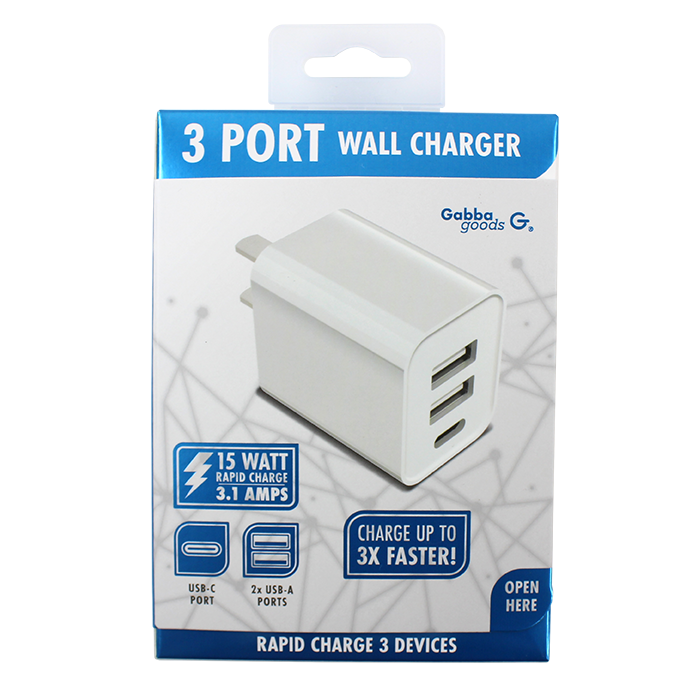 The "MS" 3-Port 15-Watt USB Fast Wall Charger is a powerful charging solution with a USB-C port and two USB-A ports. It enables you to rapidly charge up to three devices at the same time.