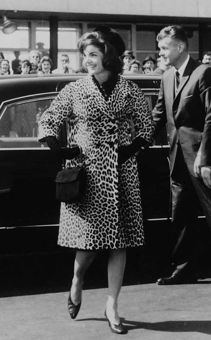 Jackie Kennedy in a leopard print coat.