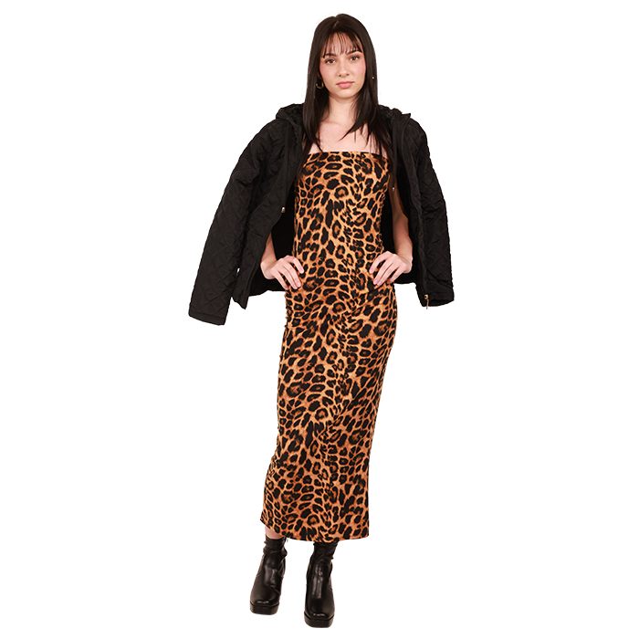 Exude boldness with minimal effort by layering the "Papermoon" 49" Cheetah Print Double Slit Tube Maxi Dress under the jacket and pairing it with the "Top Guy" 3.5" Platform Round Toe Pleather Booties.