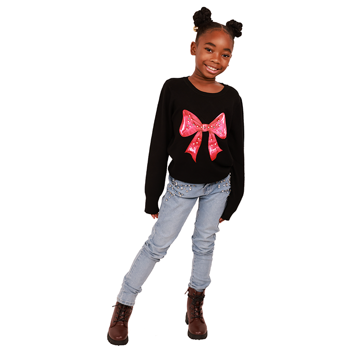 Dress your little girl in the most adorable outfit with the "Davida" Black Pink Rhinestone Bow Graphic Sweater, "Gogo" Light Wash Rhinestone Front Denim Skinny Jeans, and "Lucky" 2" Lug Sole Pleather Lace-Up Combat Boots. She'll shine and sparkle in this stylish ensemble.