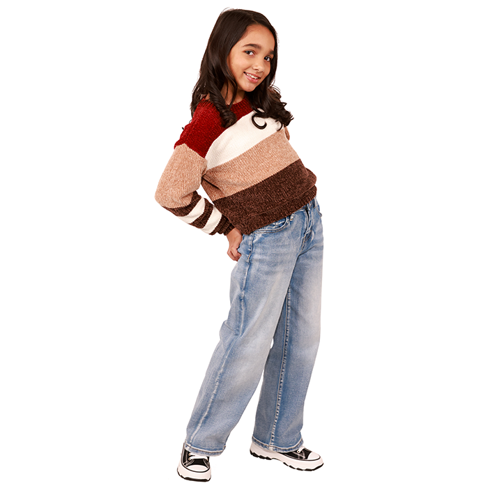 Prepare your little girl for the day with ease. Help her stand out with the timeless charm of the "No Comment" Striped Fine Gauge Sweater, complemented by the modern and casual look of the "B.S." Medium Wash Wide Leg Cargo Denim Jeans. Finish off the ensemble with the trendy "Lucky" High Top Platform Canvas Sneakers for a playful and fashionable touch.