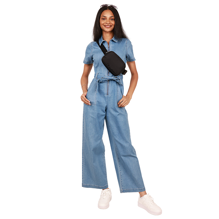 Check out the effortlessly fashionable "No Comment" Short-Sleeved Collared Zip-up Denim Jumpsuit, designed to exude chic urban style and comfort. Complete your look with the sleek and versatile "Forever" Pleated Solid-Color Sneakers, perfect for any occasion.