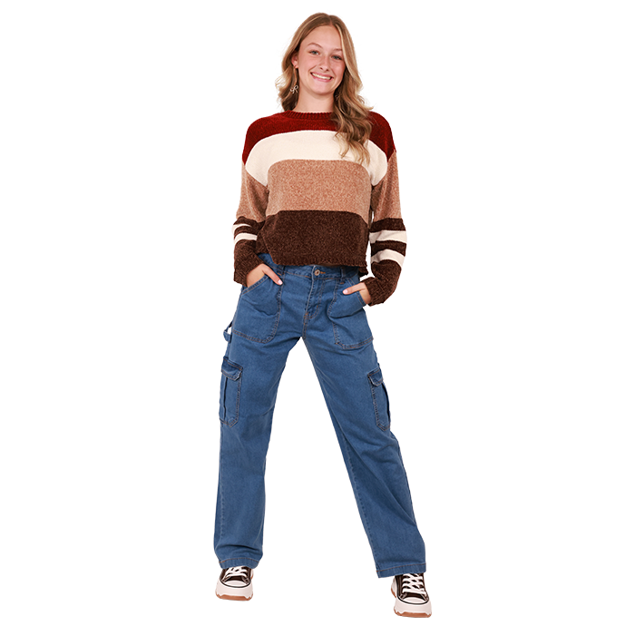 Elevate your morning routine with effortless style and comfort by donning the "No Comment" Long-Sleeve Color Block Soft Fine-Gauge Sweater. Complement this cozy yet chic top with the laid-back "Wax" Medium Wash Baggy Wide-Leg Denim Cargo Jeans. Complete your look with the edgy "Top" High-Top Platform Canvas Sneakers, adding a touch of urban sophistication to your ensemble. This combination keeps you stylish and at ease as you prepare for the day.