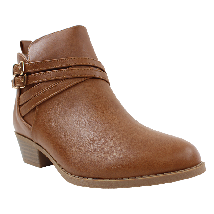 The "Top" 1.5" Pleather Criss Cross Double Buckle Booties are essential to your fall wardrobe. These stylish booties pair perfectly with wide-leg jeans for a casual look or a cute skirt and pantyhose for a more dressed-up ensemble.