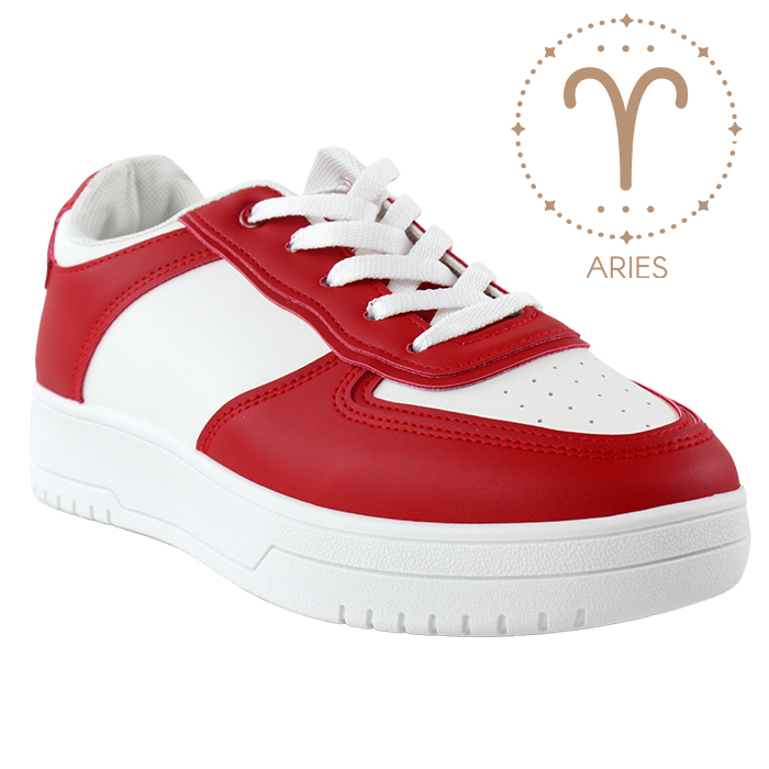 Pictured is a red and white lace-up low top sneaker with the Aries astrological symbol.