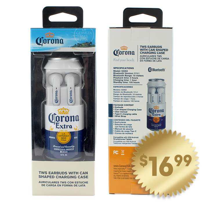 Corona Branded Bluetooth Earbuds with Can Shaped charging case