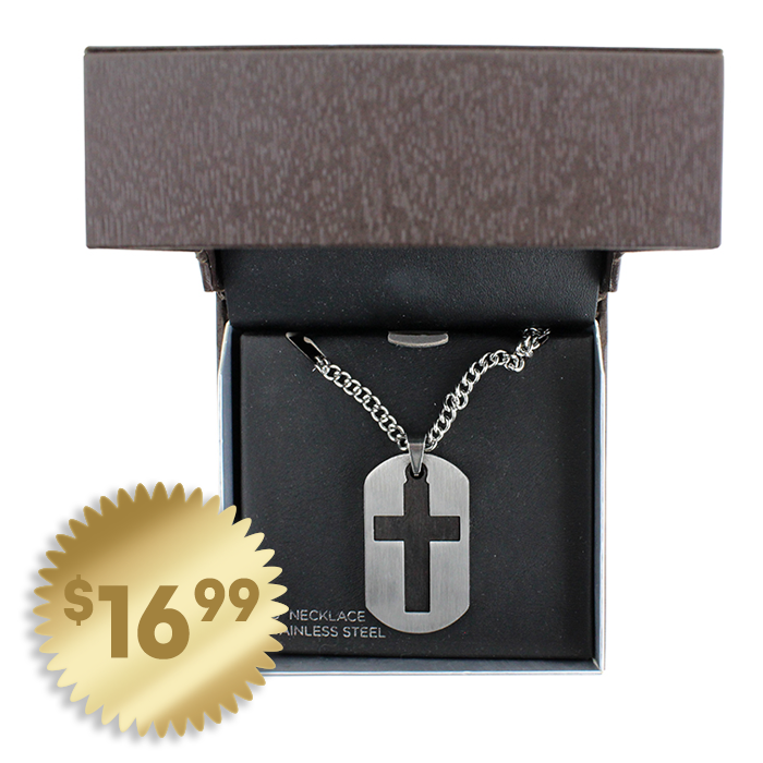 Men's Stainless steel cross cutout dog tag necklace