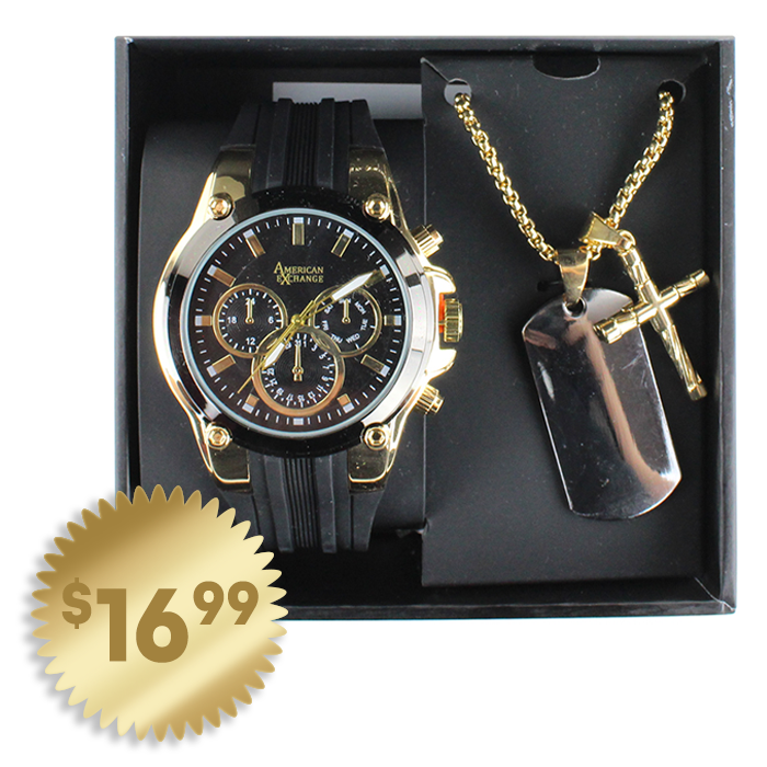 Am Ex gold tone watch and necklace combo