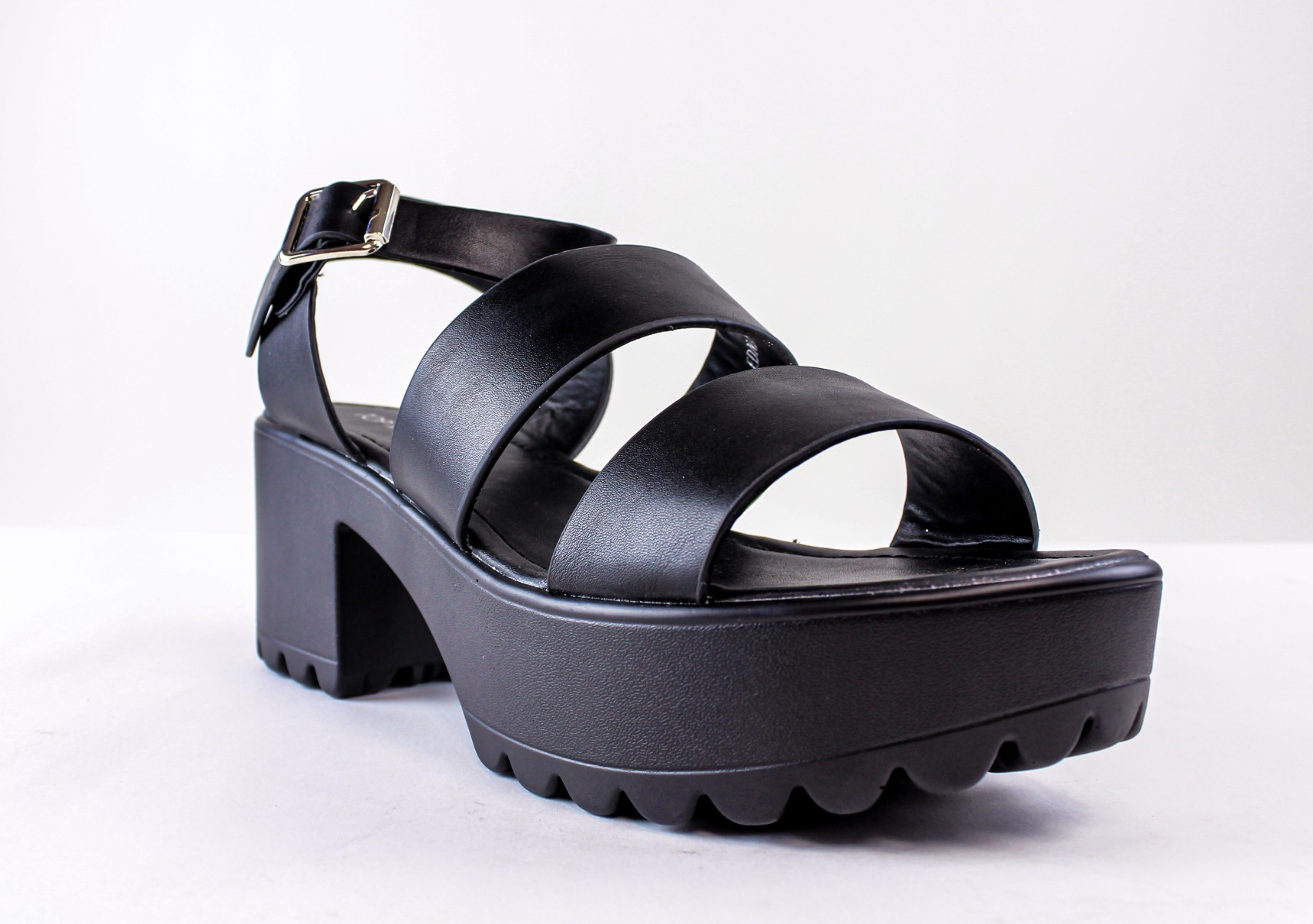Black Faux Leather Platform Lug Sole Sandal